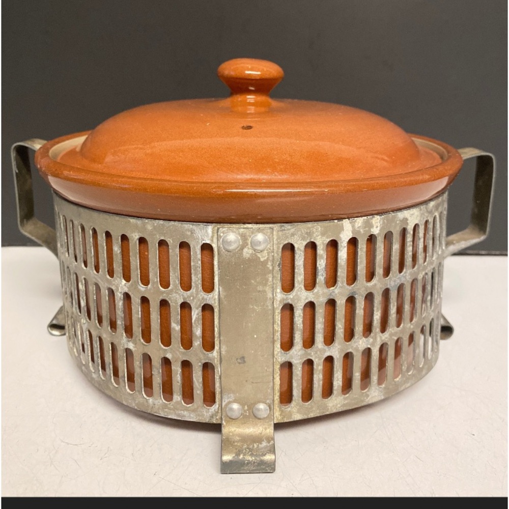 Weller Pottery Ceramic Cooking and Serving Dish Round Vintage Metal Cage